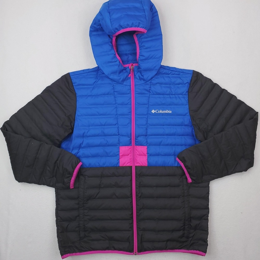 Columbia‎ Jacket Mens Large Blue Black Hooded Down Puffer 650 Fill Lightweight
